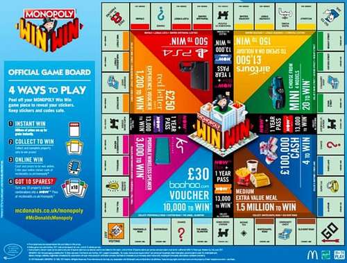 Each Monopoly piece represents roads and train stations, just like the classic board game and once you collect a set, you win a prize