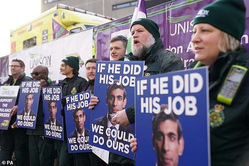 Ambulance workers on the picket line outside London Ambulance Service NHS Trust control room in Waterloo, London on January 23, 2023