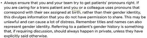 Another part of document warns medics that using the incorrect pronouns for a patient may be 'unlawful' and cause distress