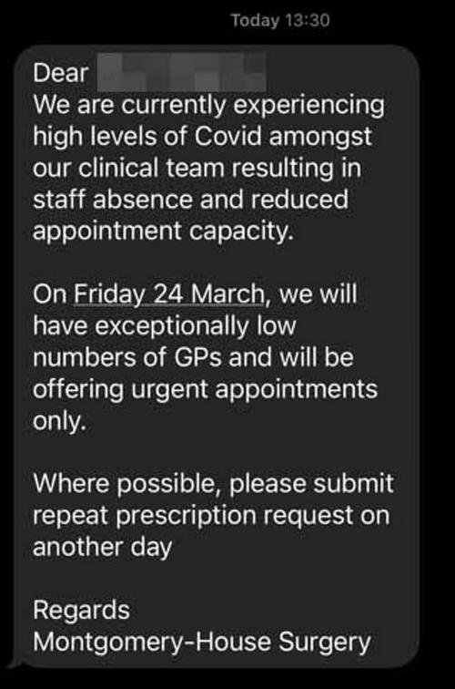 GP surgeries in parts of the country have already started cancelling appointments because the uptick has left them with 'exceptionally low' staff levels. The Montgomery-House Surgery, in Bicester, Oxfordshire, said: 'We are currently experiencing high levels of Covid amongst our clinical team resulting in staff absence and reduced appointment capacity. 'On Friday 24 March, we will have exceptionally low numbers of GPs and will be offering urgent appointments only. 'Where possible, please submit repeat prescription requests on another day'