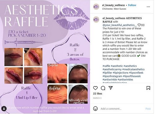Some clinics offered 'Botox' treatments as a prize in their raffles such as this ad by Emma Louise Beauty, which also urged people on social media to 'DM' them to purchase tickets