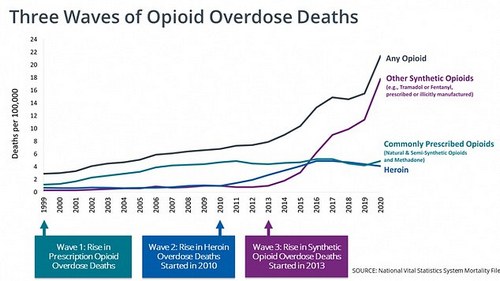 Prescription pills such as Purdue's OxyContin drove what experts in drug policy believe was the first wave of the opioid epidemic. The second wave of the opioid epidemic started around 2010 with a rapid increase in deaths from heroin abuse, followed by the third wave marked by synthetic opioids like fentanyl and carfentanyl
