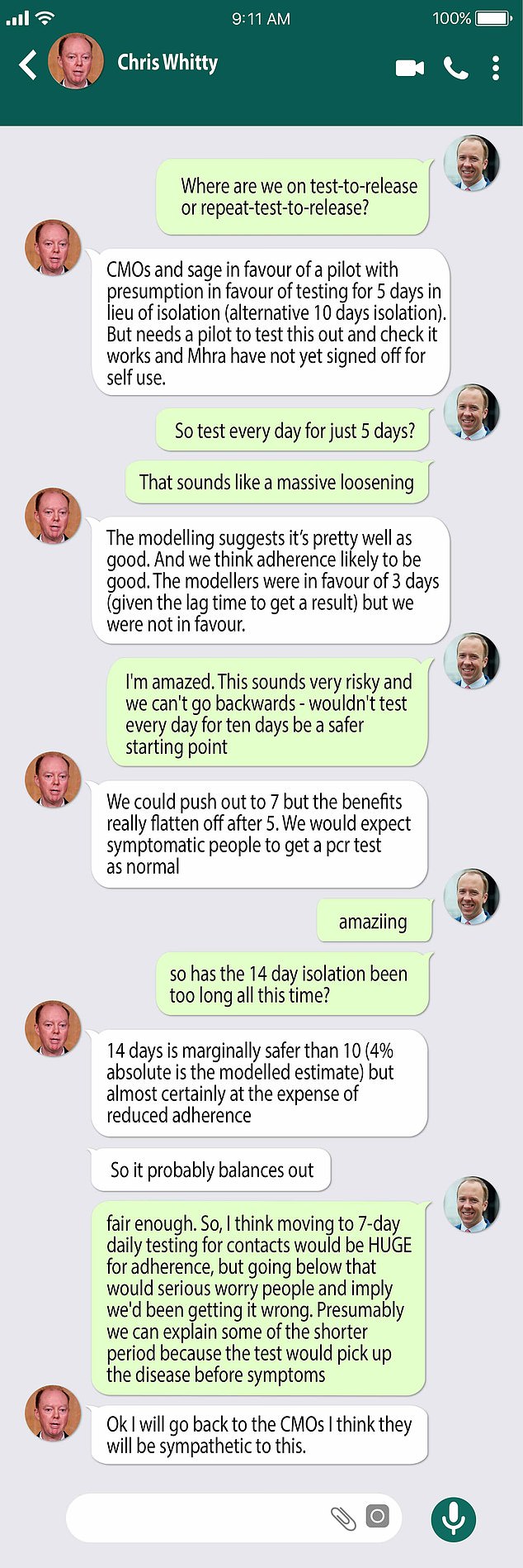 Sir Chris said that the UK's Chief Medical Officers (CMOs) and Sage, a group of scientists that advised No10, backed daily Covid tests for five days instead of isolating among close contacts. He suggested that it would need to be piloted initially to 'check it works' and noted that the UK's medicines watchdog had not yet approved Covid tests for self use. But Mr Hancock replied: 'So test every day for just five days? That sounds like a massive loosening'