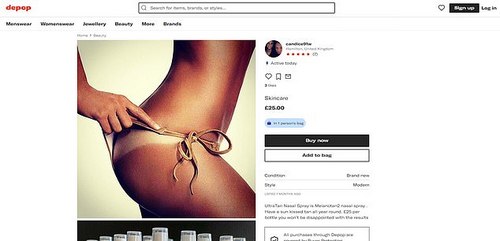 MailOnline found one advert on Depop from a seller in South Lanarkshire, Scotland which promoted the 'UltraTan Nasal Spray Melanotan2 nasal spray'. It promised a 'sun kissed tan all year round' and for '£25 per bottle you won’t be disappointed with the results,' they added