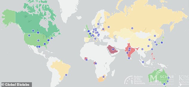 This map shows all the known BSL-4 labs with countries shaded based on how scientists have ranked their overall biorisk management score. Green is good, yellow is medium, and red is poor.&nbsp;Some planned labs are not included as their exact location in the country has not been announced