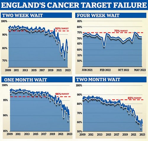 Every hospital across the country is expected to hit ten separate cancer time targets, centered around seeing suspected patients, catching their disease quickly and starting their treatment. The biggest four are:&nbsp;Two Week Wait From GP Urgent Referral to First Consultant Appointment (top left);&nbsp;One Month Wait from a Decision to Treat to a First Treatment for Cancer (bottom left);&nbsp;Four Week (28 days) Wait From Urgent Referral to Patient Told they have Cancer, or Cancer is Definitively Excluded (top right; and&nbsp;Two Month Wait from GP Urgent Referral to a First Treatment for Cancer (bottom right)