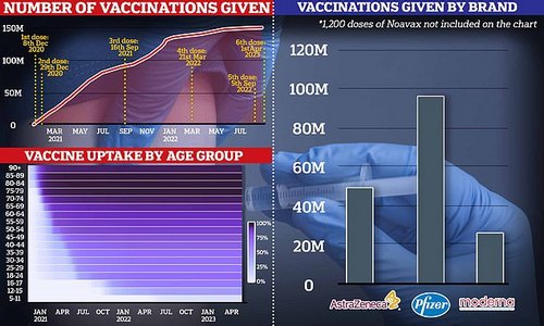 The graph shows the cumulative number of Covid jabs dished out in the UK since the pandemic began, the percentage of each age group which has had a jab (bottom left) and the number of each Covid vaccine brand dished out