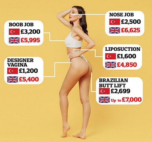 Cosmetic procedures in Turkey often go at bargain basement prices compared to their British counterparts. Turkey and UK prices have been sourced from multiple websites (model is a stock image)