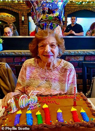 Ms Inserra is shown above on her 103rd birthday