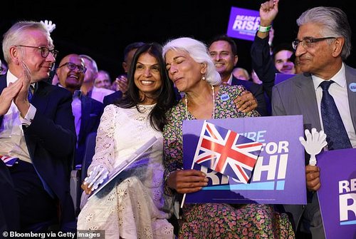 Mr Sunak's wife, Akshata Murty, pictured with his mother Usha and father&nbsp;Yashvir last summer