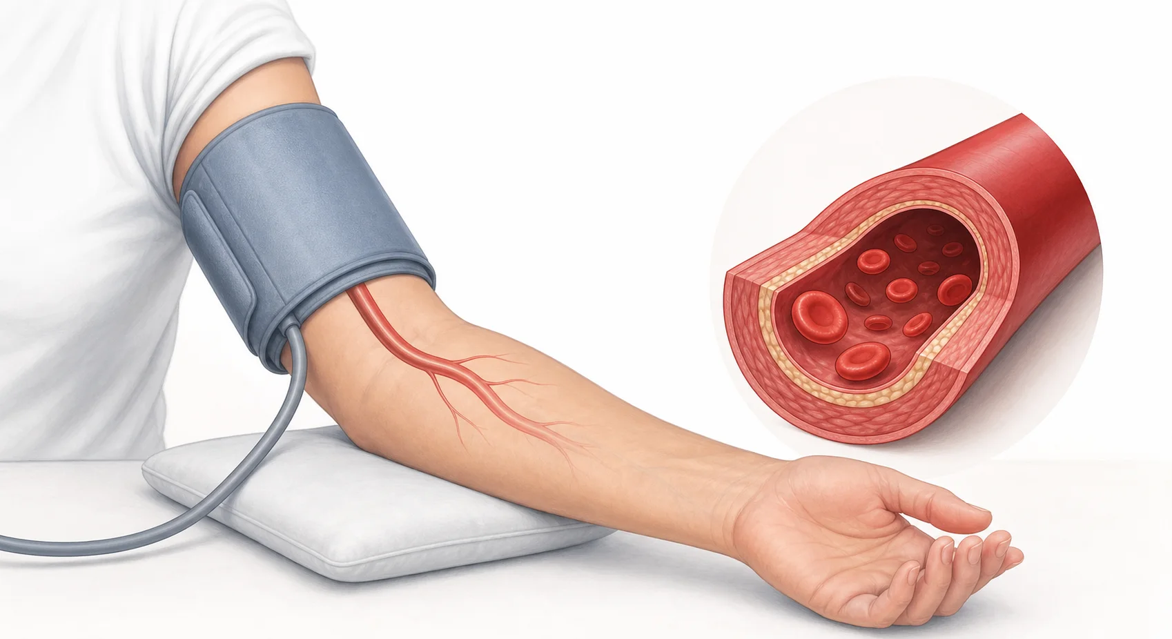 Upper arm cuff with supported arm and simplified artery cross-section