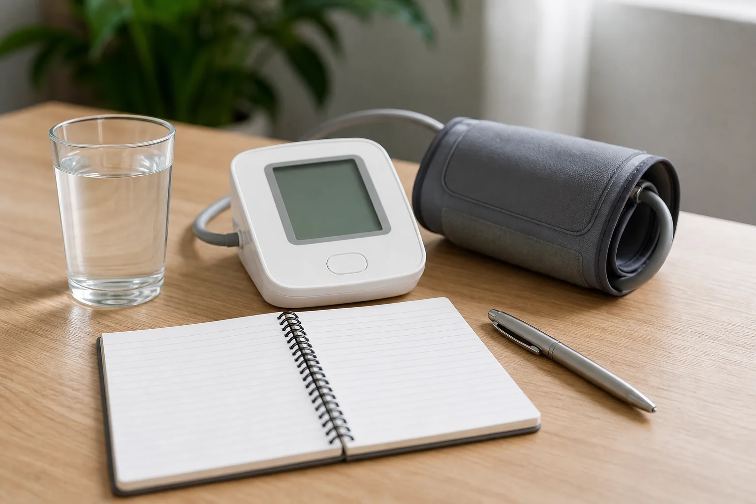 Upper-arm blood-pressure monitor with cuff beside blank logbook, pen and glass of water