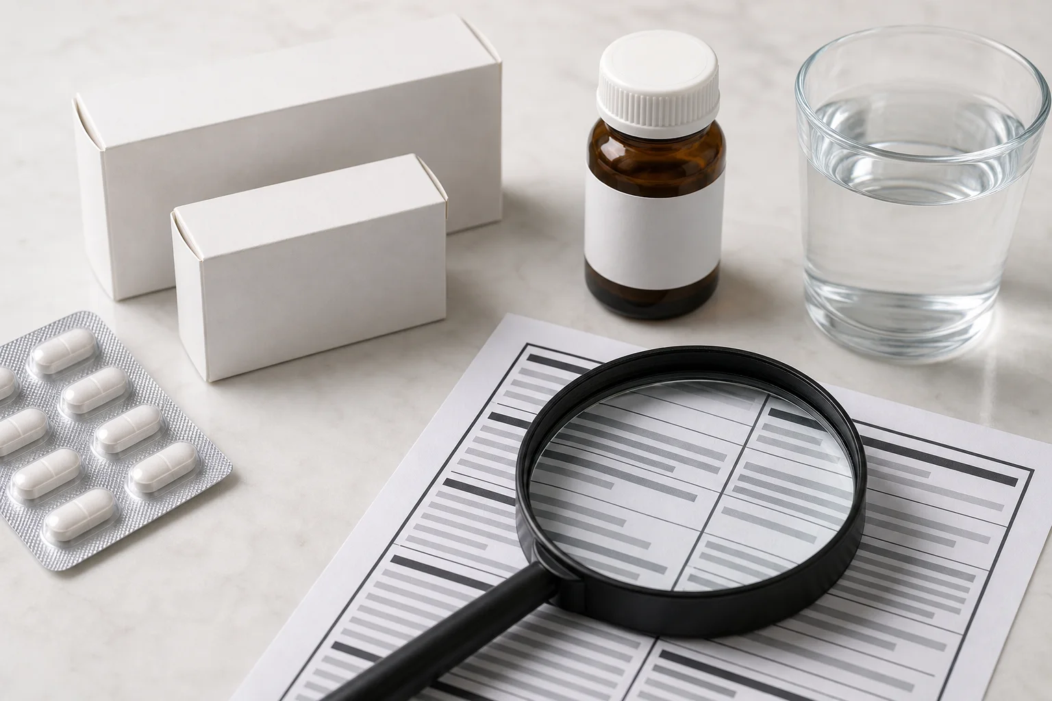 Magnifying glass over a generic medicine facts panel beside unbranded packages and tablets