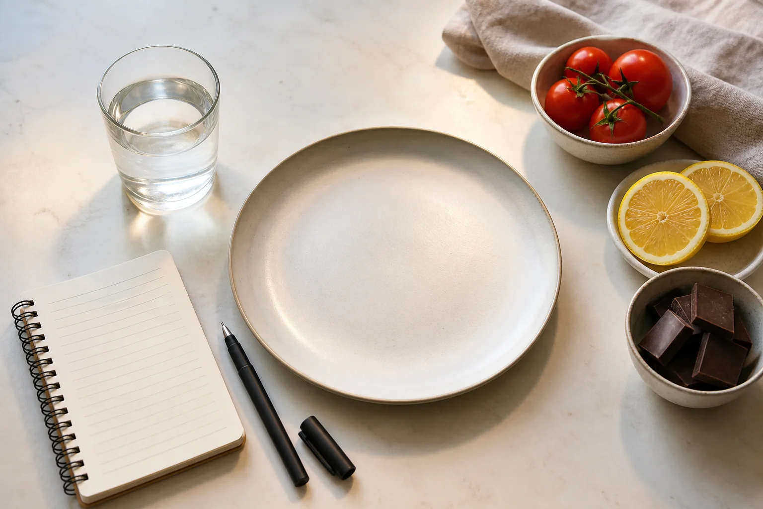 Blank notebook and dinner place setting with tomato, lemon and dark chocolate as possible individual triggers