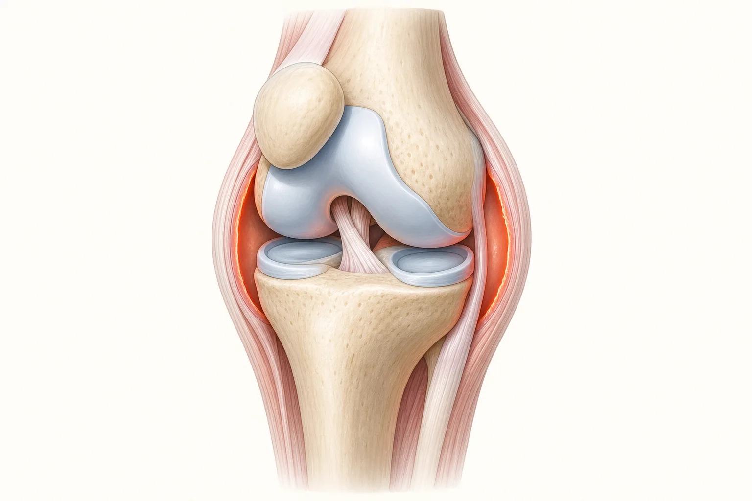 Medical illustration of a knee joint with mild inflammation around the synovial lining