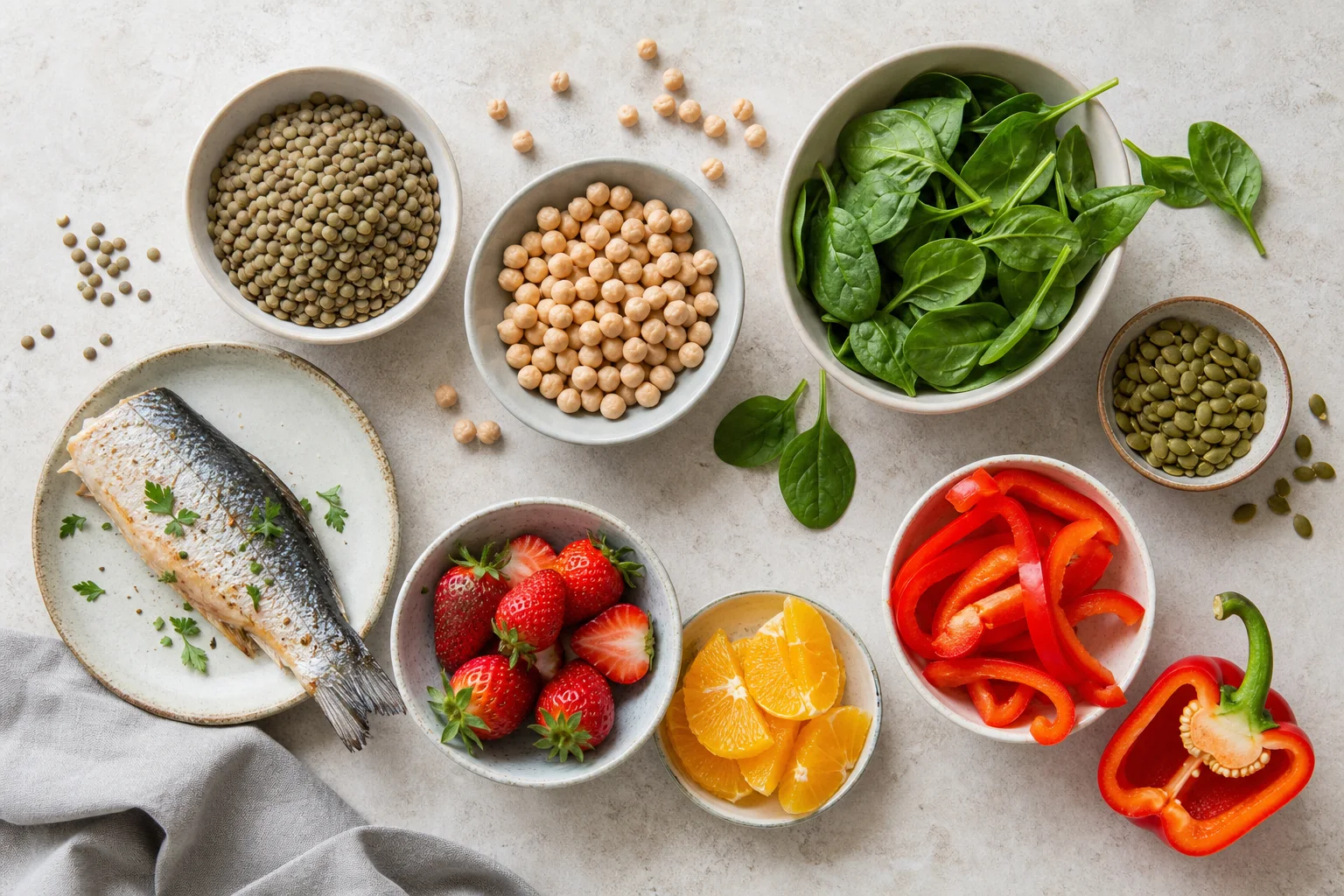 Lentils, chickpeas, spinach, pumpkin seeds, fish, strawberries, orange segments and red pepper on a light table