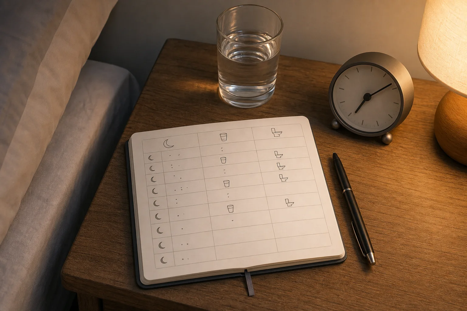 Simple unbranded bedside diary beside water, an analog clock and a pen