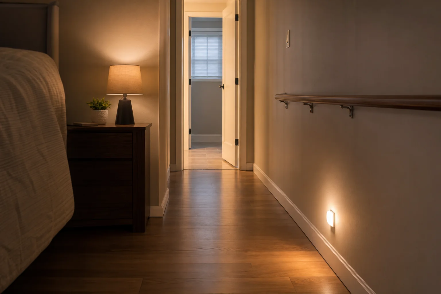 Clear well-lit hallway from a bedroom with a low night light and handrail
