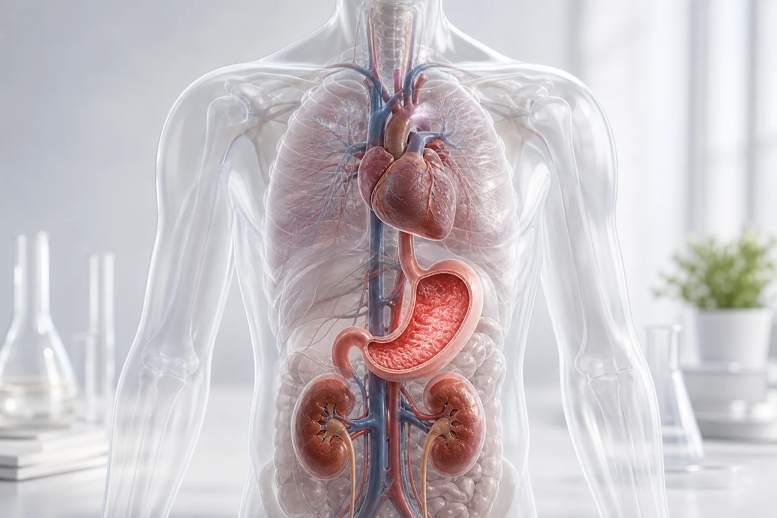 Transparent anatomical torso showing the stomach, heart and kidneys