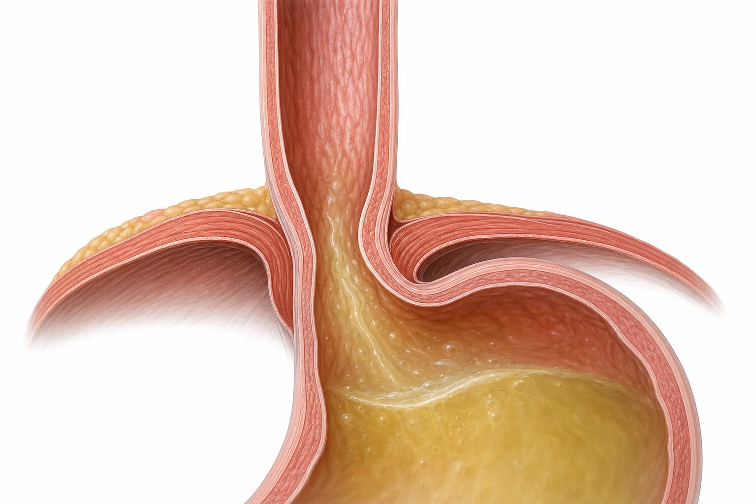 Cutaway view of the lower esophagus, diaphragm and top of the stomach