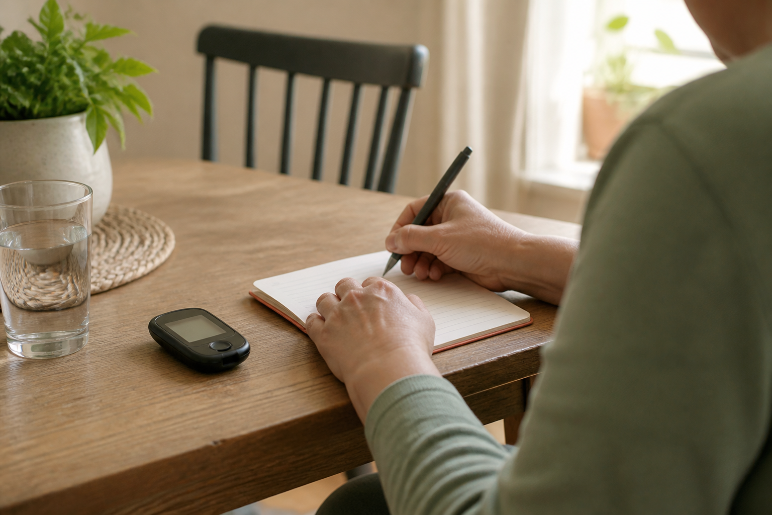 Adult recording a glucose result in a paper logbook beside an unbranded blood glucose meter at home