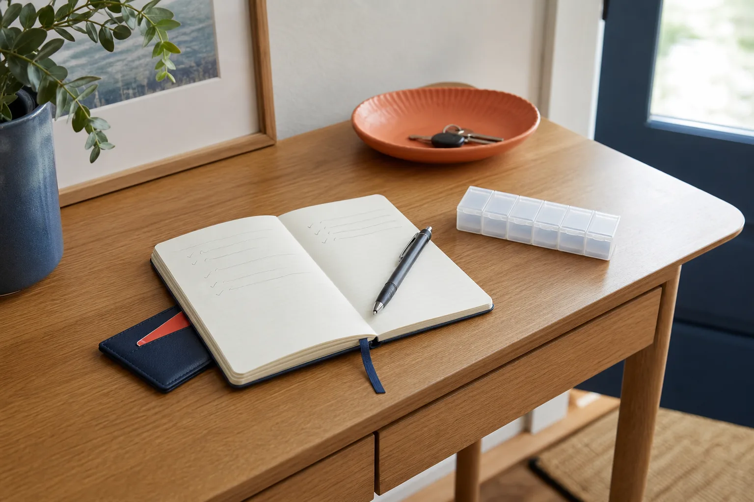 Notebook, pen and closed unlabelled weekly pill organizer prepared on a home entryway table
