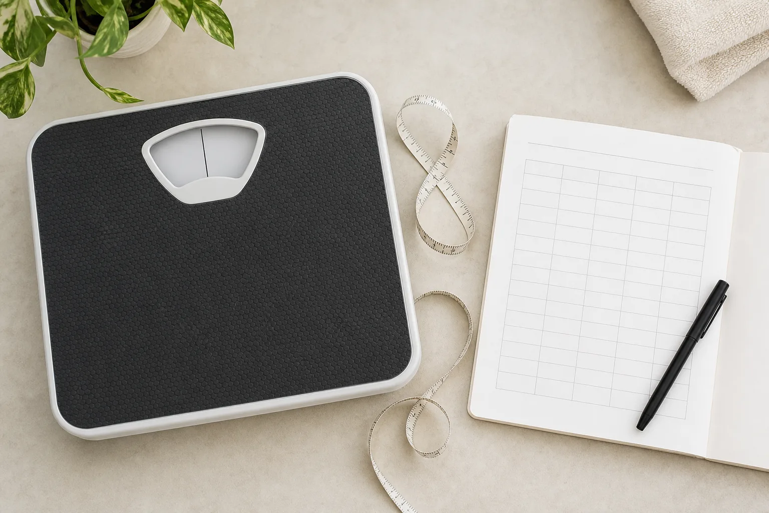Unbranded bathroom scale, flexible tape measure and blank measurement log for tracking height and weight consistently