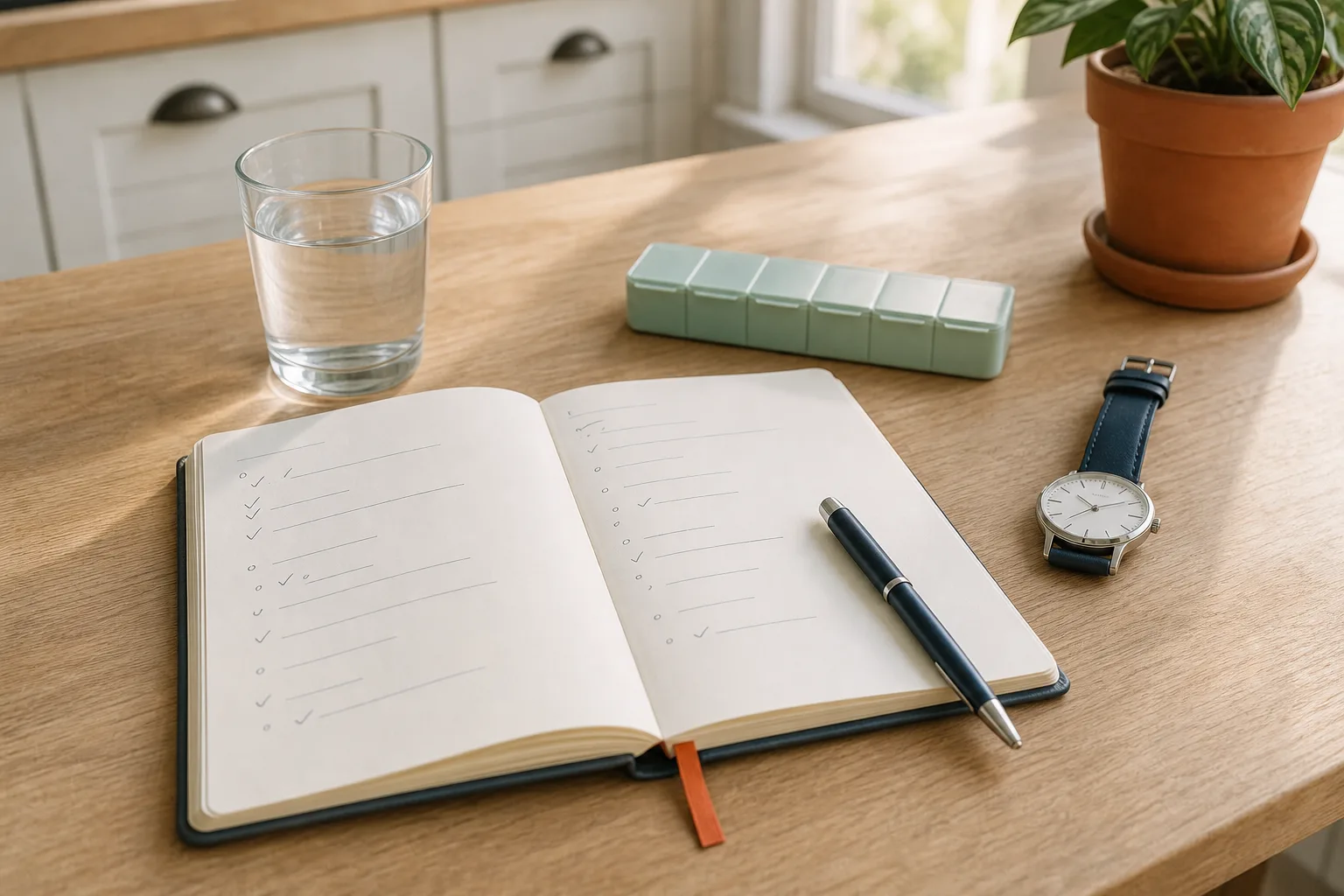 Notebook, water glass, closed unlabelled weekly pill organizer and wristwatch on a home kitchen counter