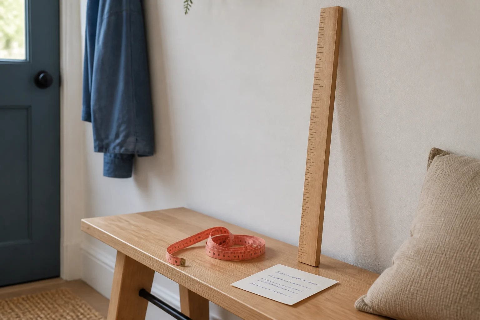 Flexible tape measure and wooden height ruler on a bench
