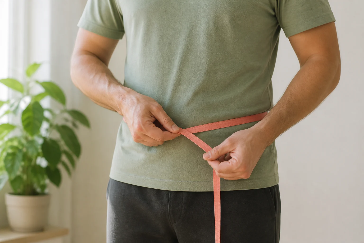 Adult in a green shirt measuring their waist with a flexible tape measure