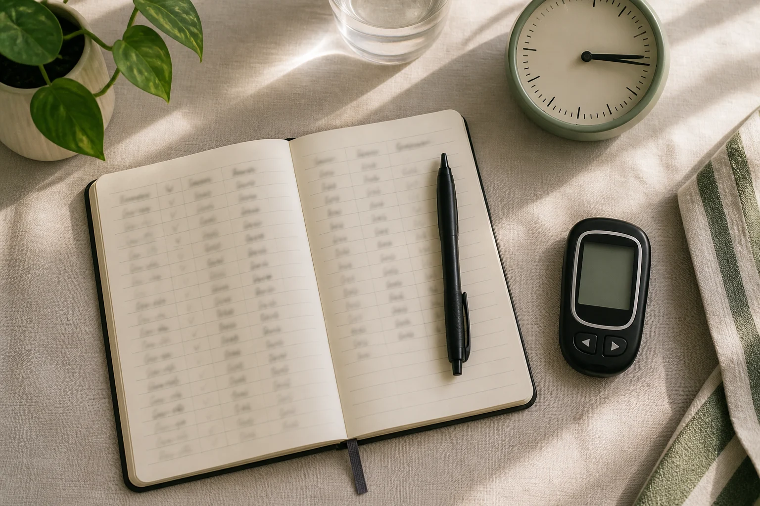 Open glucose logbook beside an unbranded glucose meter, pen and clock
