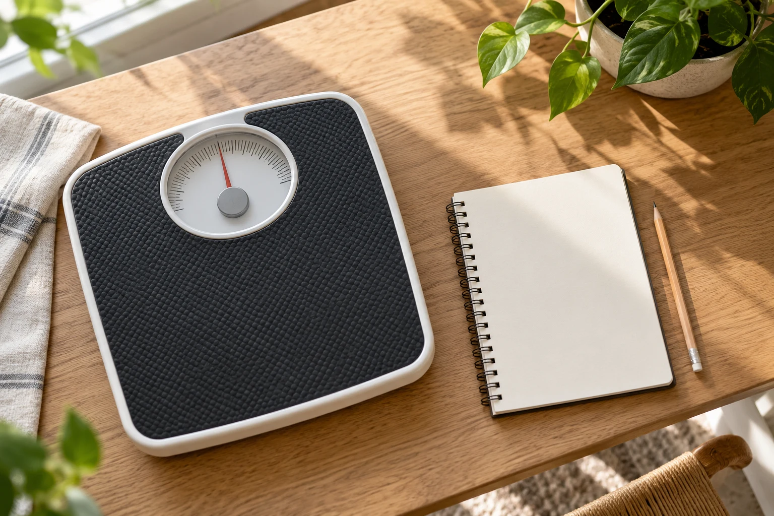 A neutral home scale, measuring tape and blank notebook on a wooden table